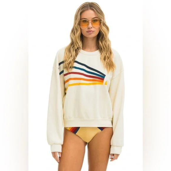 Aviator Nation Cream Sweater with Rainbow Stripes - Picture 1 of 9